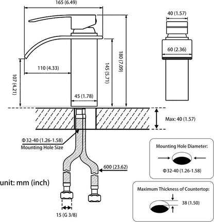 Wasserfall Badarmatur Schwarz Matt Einhand Mischbatterie 232mm