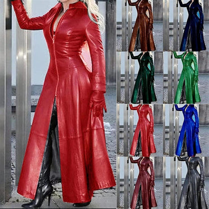 Damen PVC Leder Trenchcoat Jacke Reißverschluss Sexy Clubwear Langer