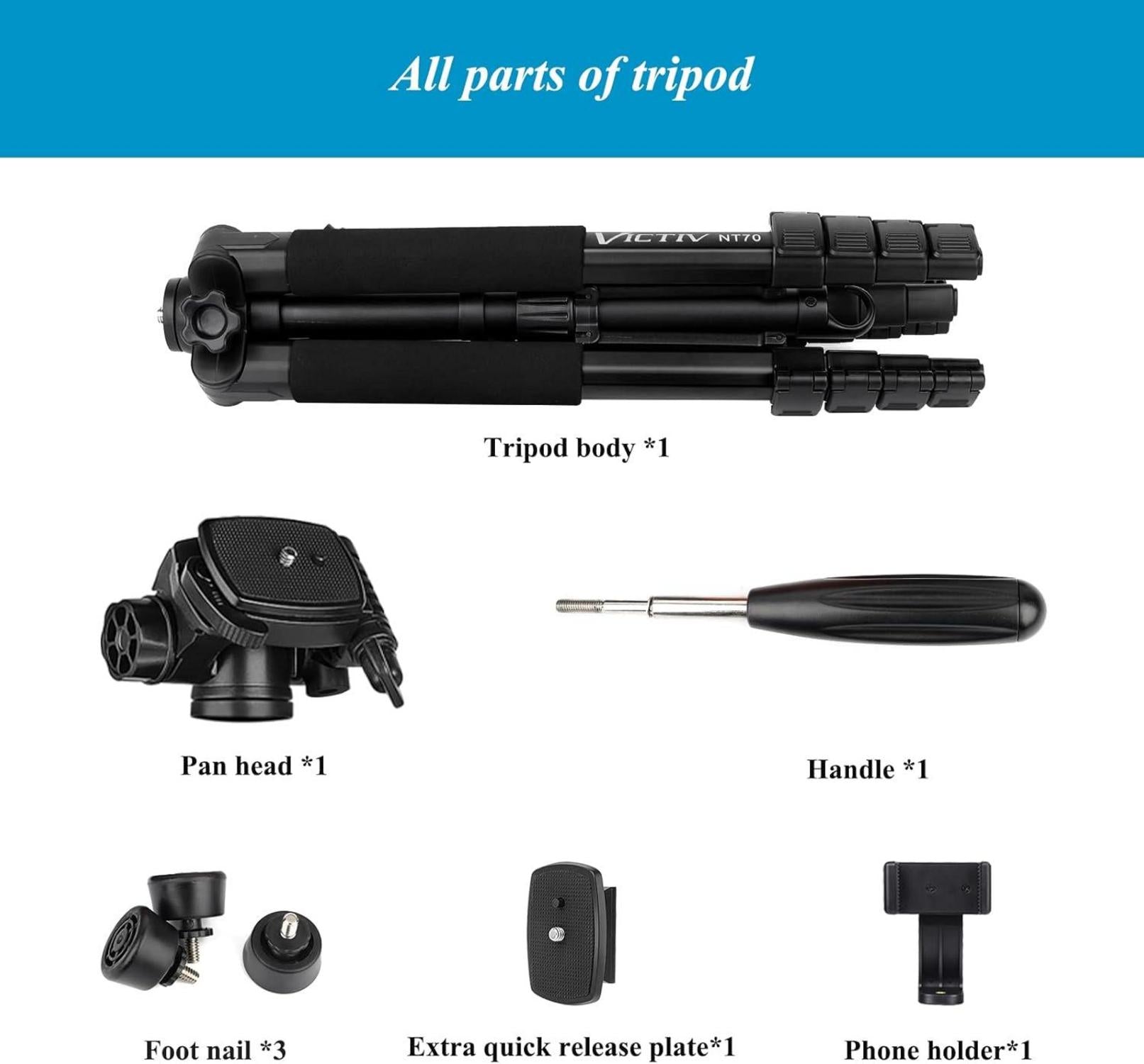 Victiv Kamera Stativ 185cm Höhe 3-Wege-Kopf für DSLR Canon Nikon Sony Smartphone Schwarz