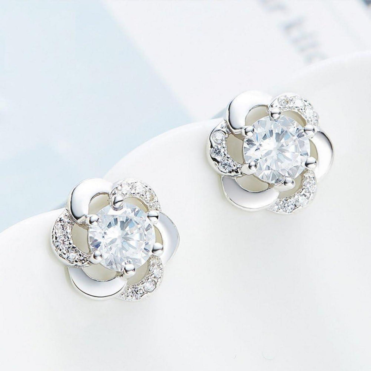 Ohrstecker Damen Silber 925 Blumen mit Zirkonia, Klein, Geschenkbox