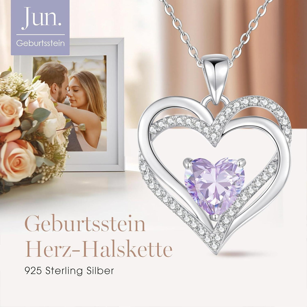 Damen Halskette Herz mit Geburtsstein 925 Sterling Silber