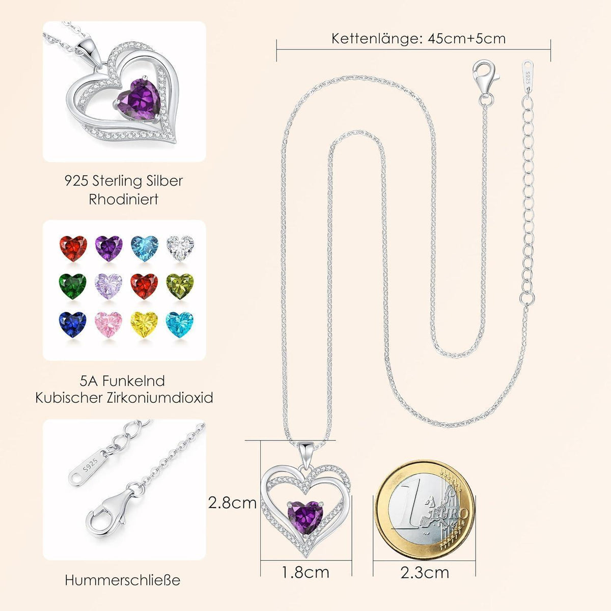 Damen Halskette Herz mit Geburtsstein aus 925 Sterling Silber