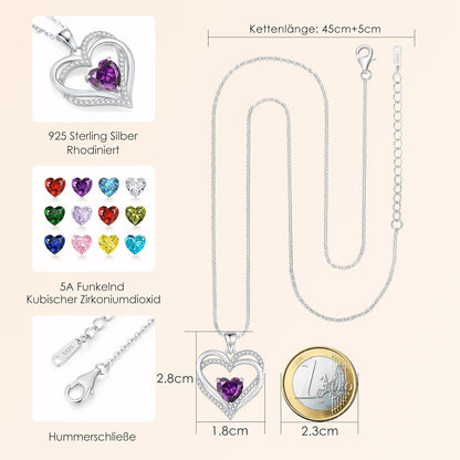 Damen Halskette Herz mit Geburtsstein aus 925 Sterling Silber