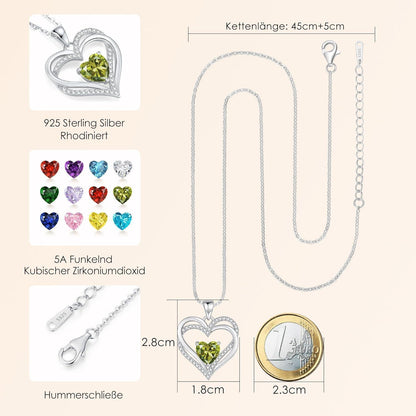 Damen Halskette Herz mit Geburtsstein 925 Sterling Silber