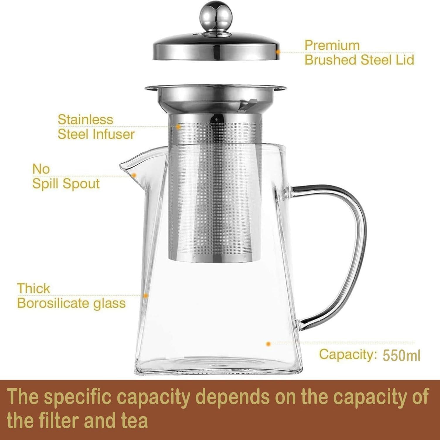 550ml Teekanne Glas Teebereiter mit Sieb und Deckel, Hitzebeständig