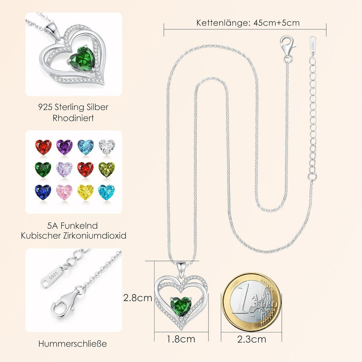 Herz Kette Damen 925 Sterling Silber Geburtsstein Mai