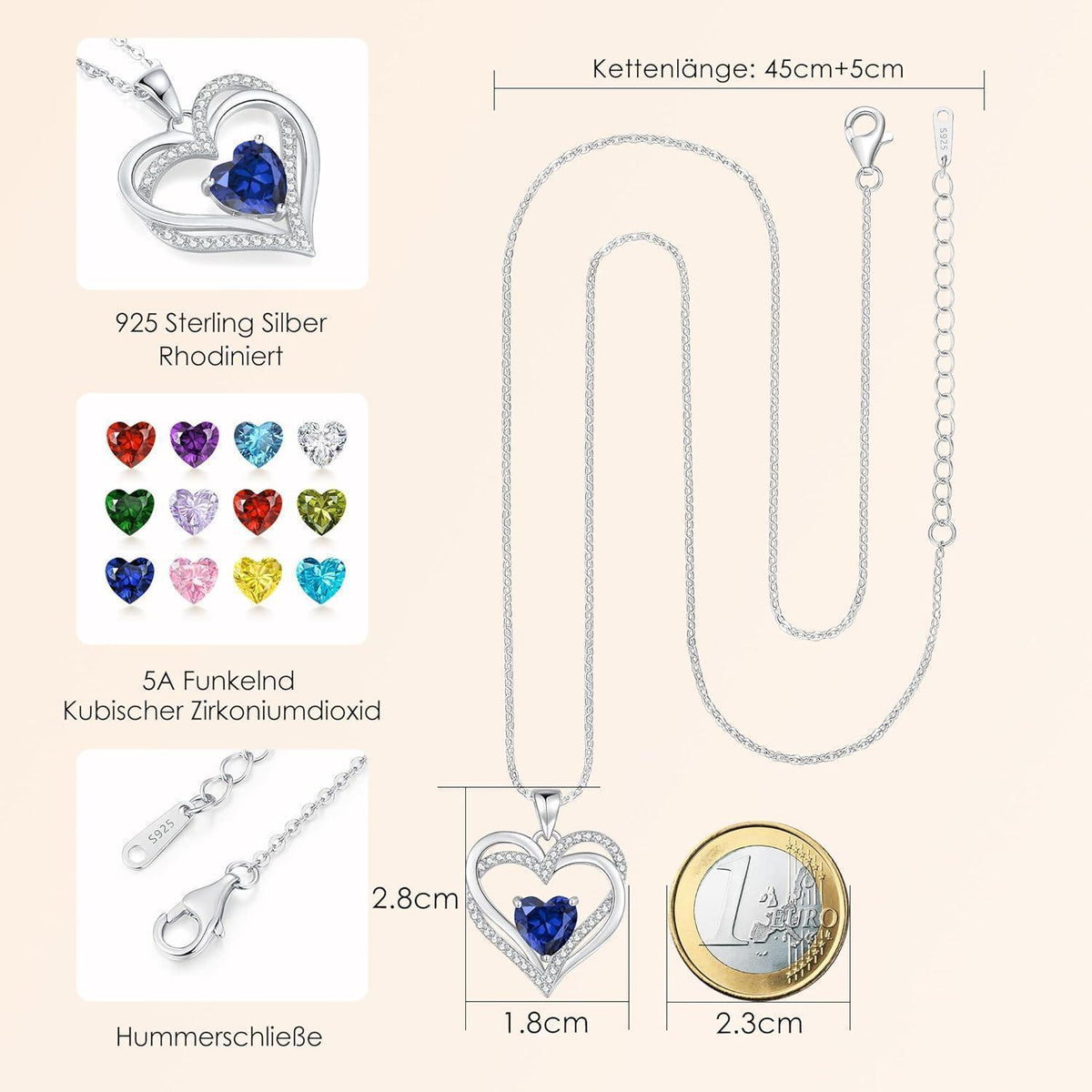 Damen Halskette Herz mit Geburtsstein 925 Sterling Silber