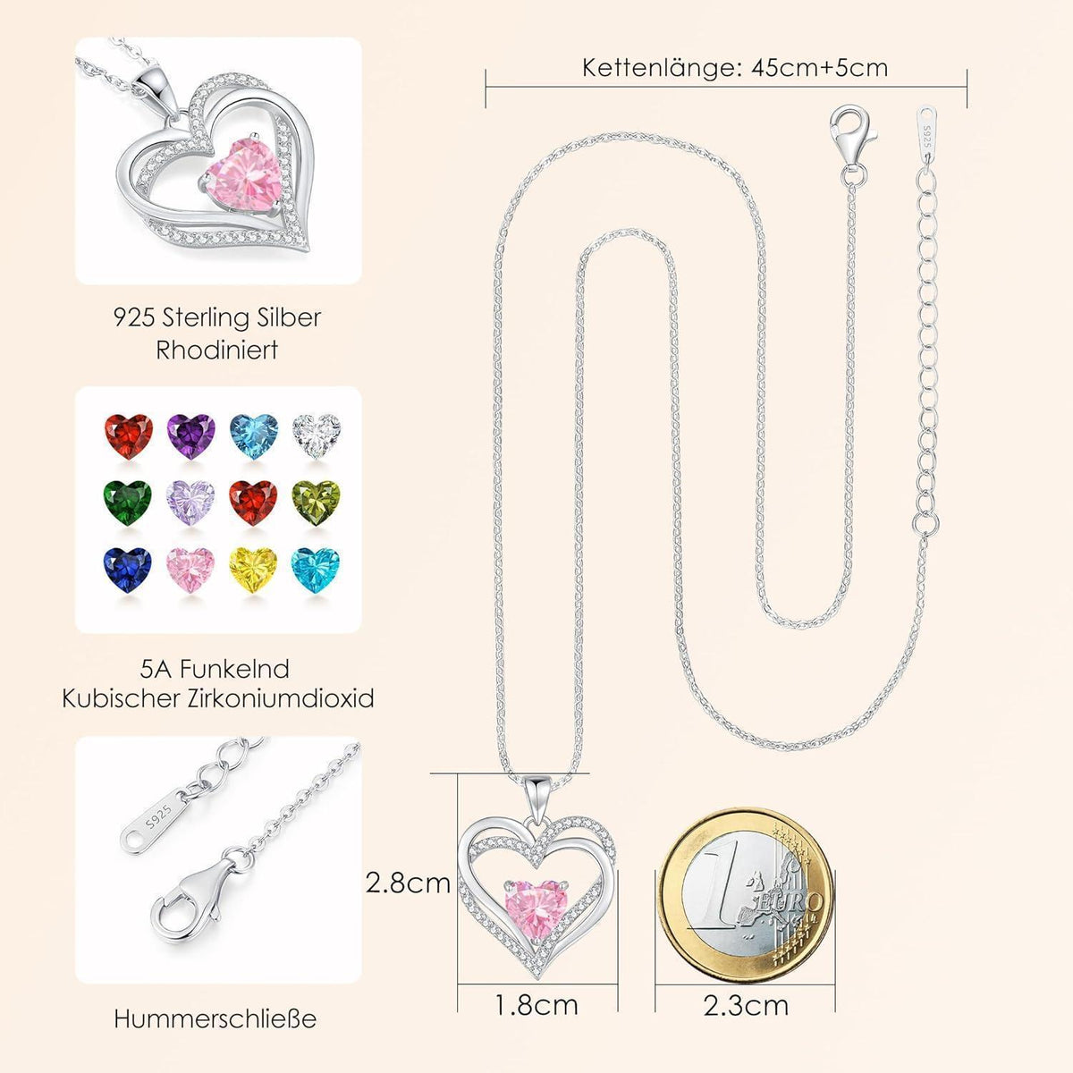 Damen Halskette Herz mit Geburtsstein 925 Sterling Silber