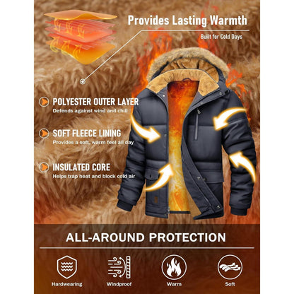 Herren Winter Parka mit abnehmbarer Kapuze, warm gefüttert, dunkelgrau 3XL
