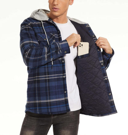Herren Karierte Hemdjacke Thermohemd Kapuze Winter Blau XL