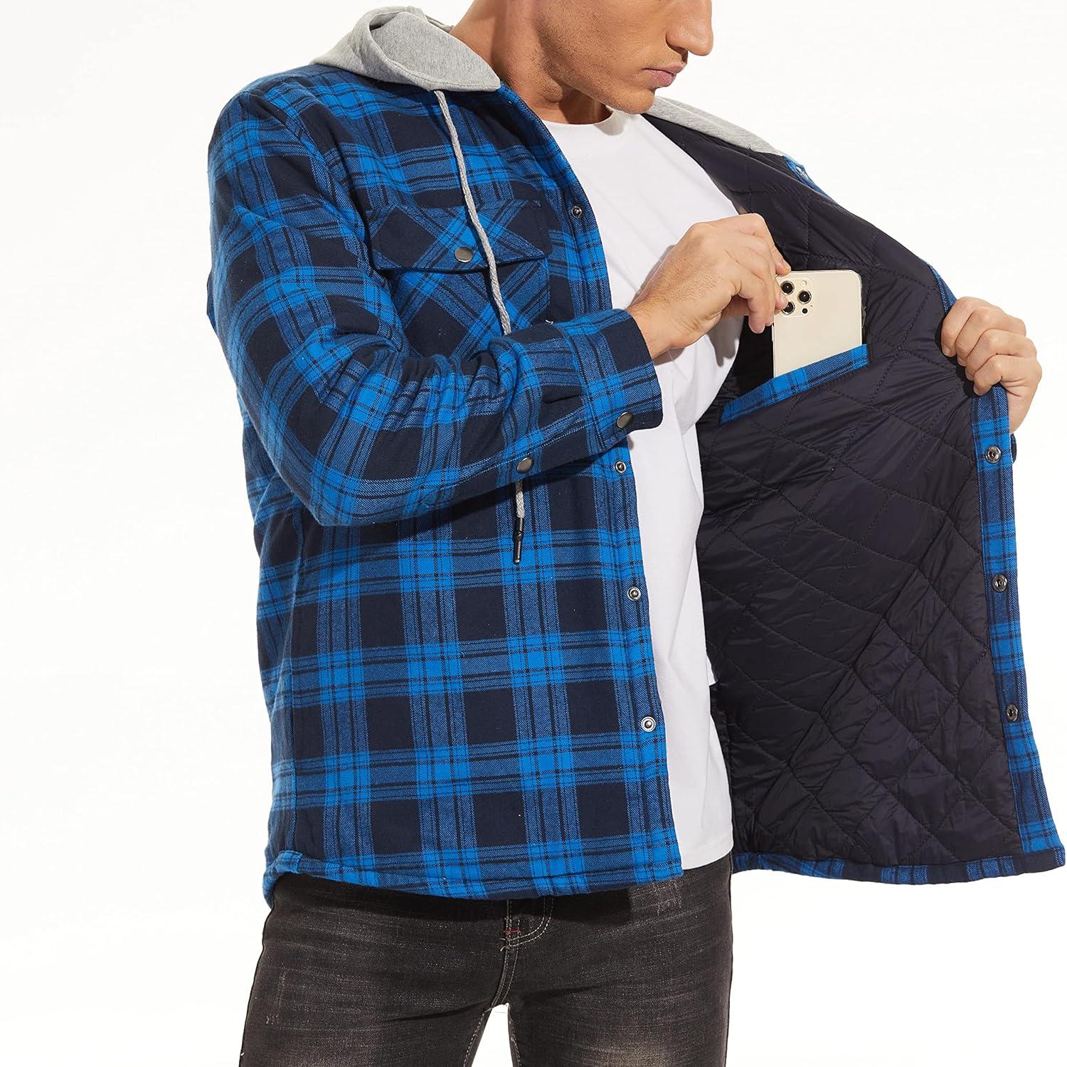 Kariertes Herren Hoodie Hemdjacke mit Thermofutter und Multi-Taschen