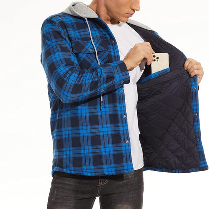 Kariertes Herren Hoodie Hemdjacke mit Thermofutter und Multi-Taschen