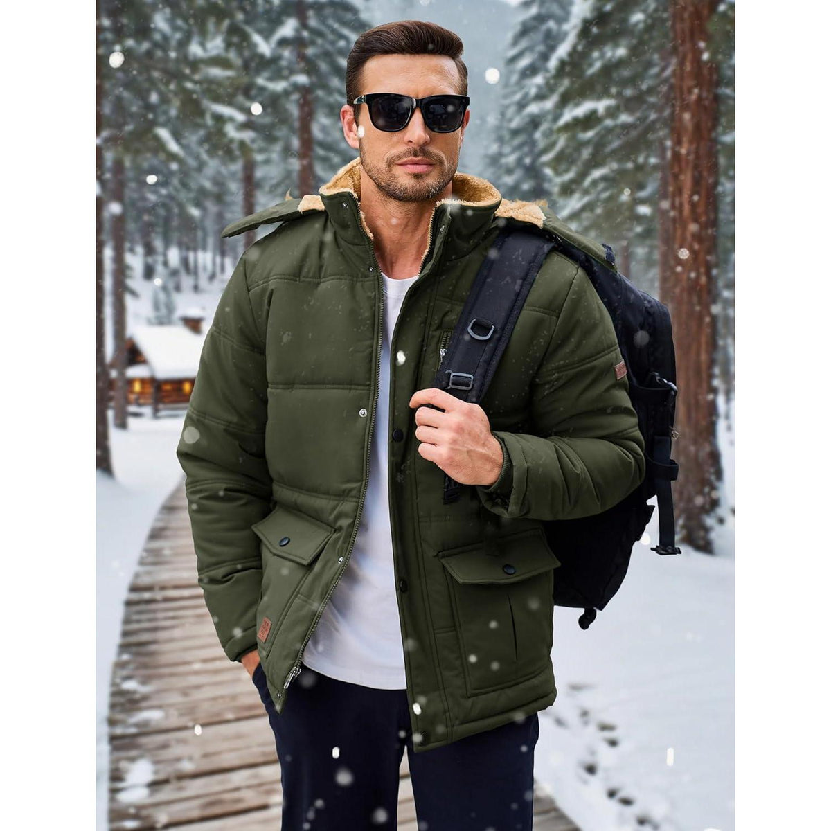 Herren Winter Parka mit abnehmbarer Kapuze, warm gefüttert, wasserabweisend, Armeegrün