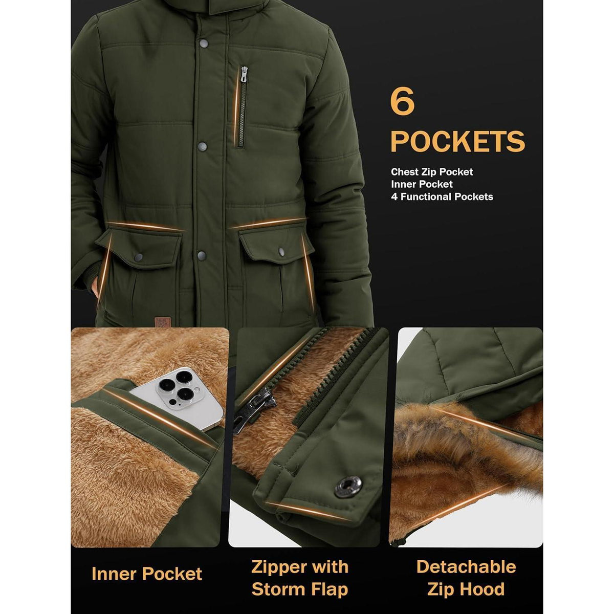 Herren Winter Parka mit abnehmbarer Kapuze, warm gefüttert, wasserabweisend, Armeegrün