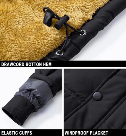 Herren Winter Parka Jacke Winddicht Fleece Gefüttert Schwarz S