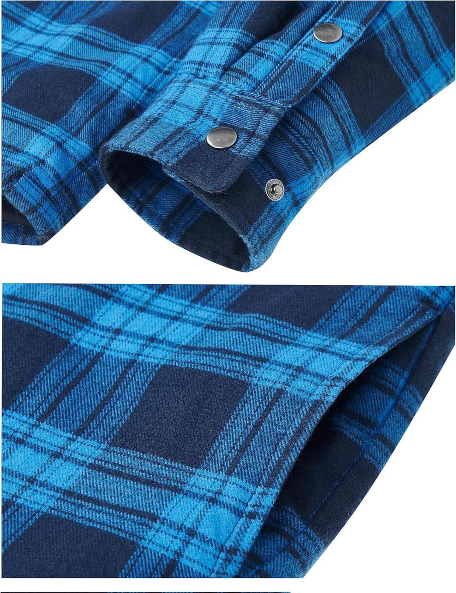 Herren Karo Hoodie Thermohemd Gefüttert Baumwolle Freizeithemd Taschen