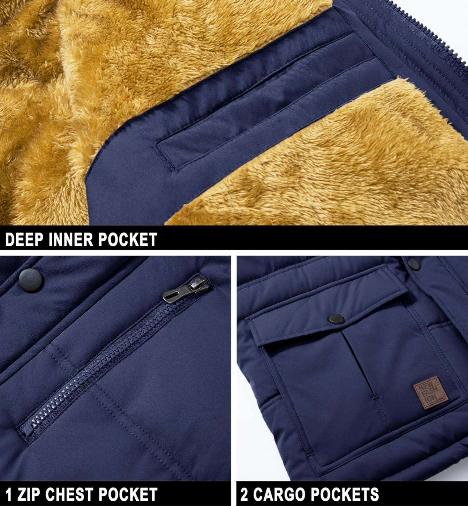 Herren Winter Parka Jacke Winddicht Outdoor Fleece Gefüttert Abnehmbar Kapuze