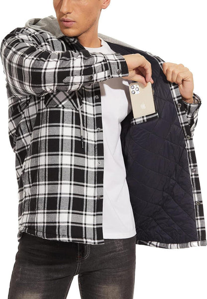 Herren Kariertes Winter Thermohemd Gefüttert Baumwolle Casual Hoodie Schwarz