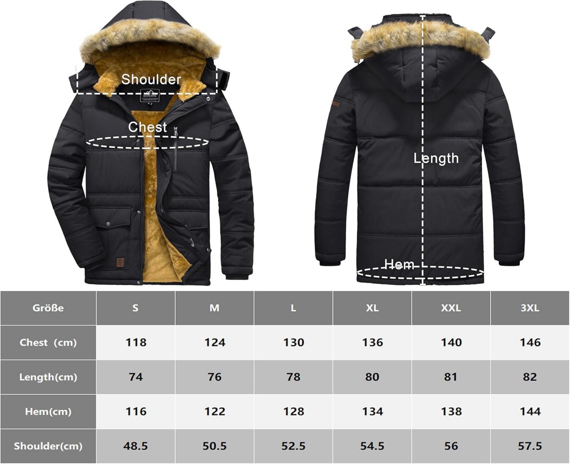 Herren Winter Parka Jacke Winddicht Outdoor Fleecejacke Schwarz XL