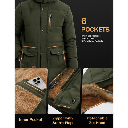 Herren Winterparka Fleecejacke Winddicht & Warm – Outdoor Jacke Armee Grün