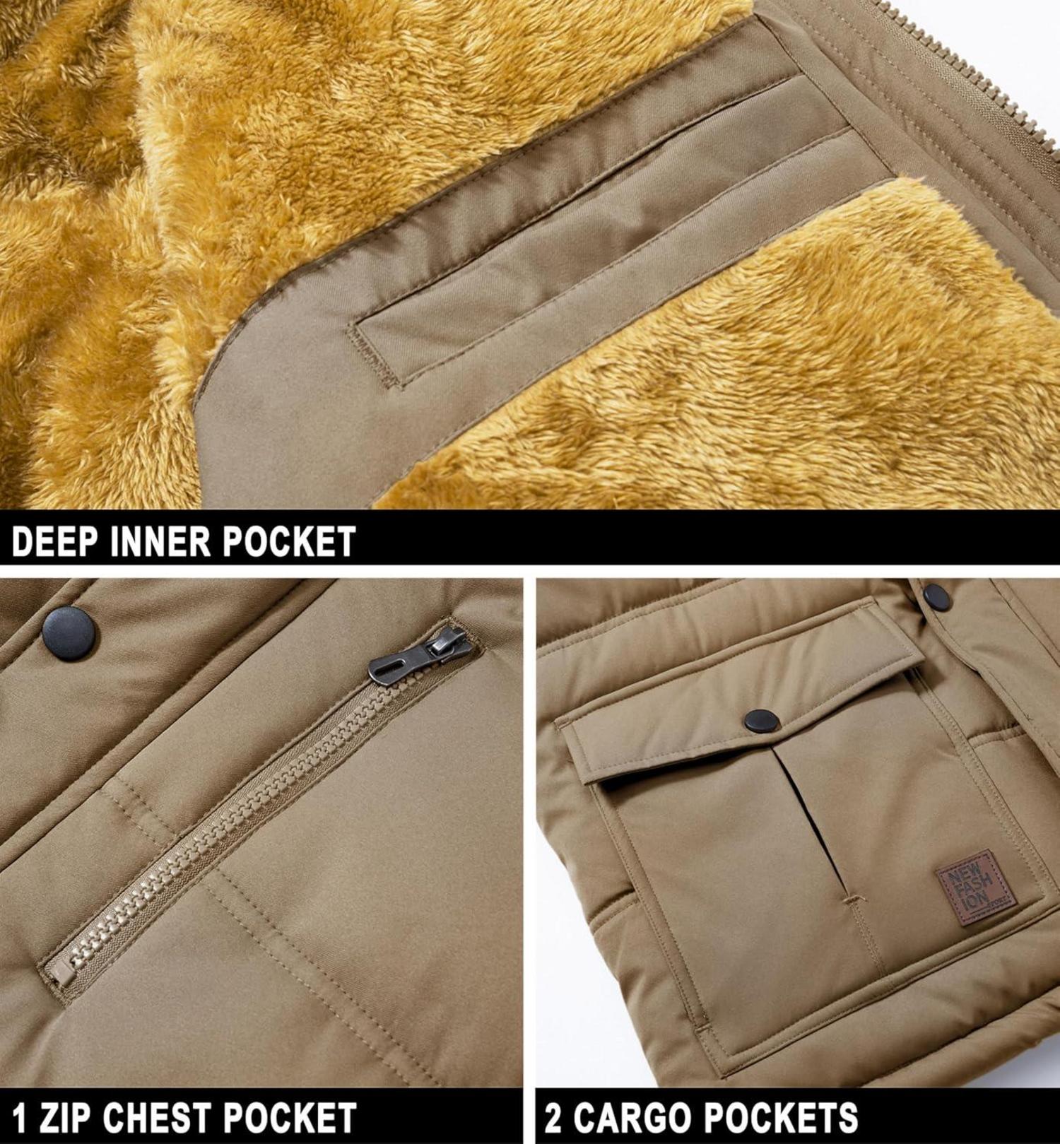 Herren Winter Parka Jacke Outdoor Fleece Gefüttert Wasserabweisend XL Khaki