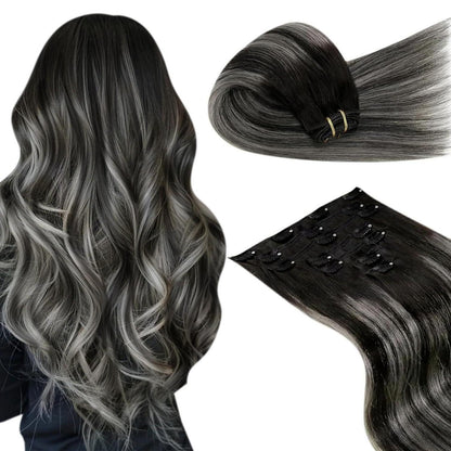 Clip-in Haarverlängerung Ombre Schwarz Silber Echthaar