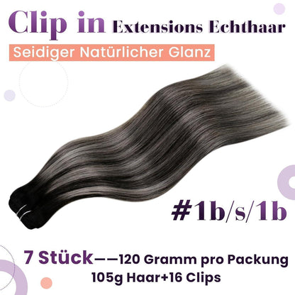 Clip-in Haarverlängerung Ombre Schwarz Silber Echthaar