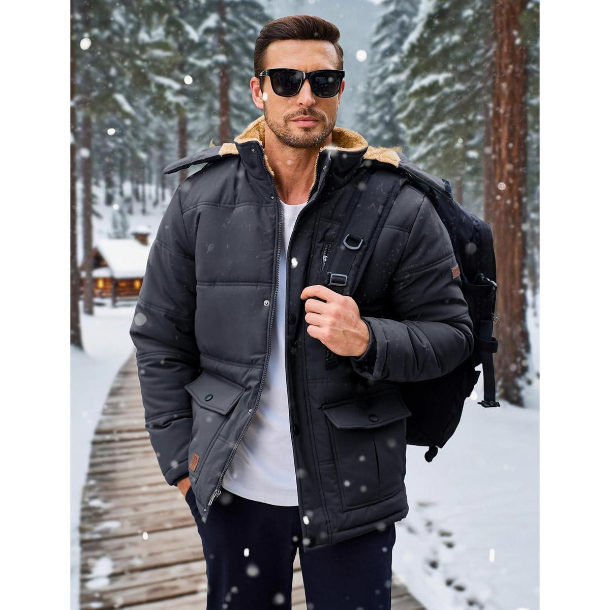 Herren Winter Parka mit abnehmbarer Kapuze, warm gefüttert