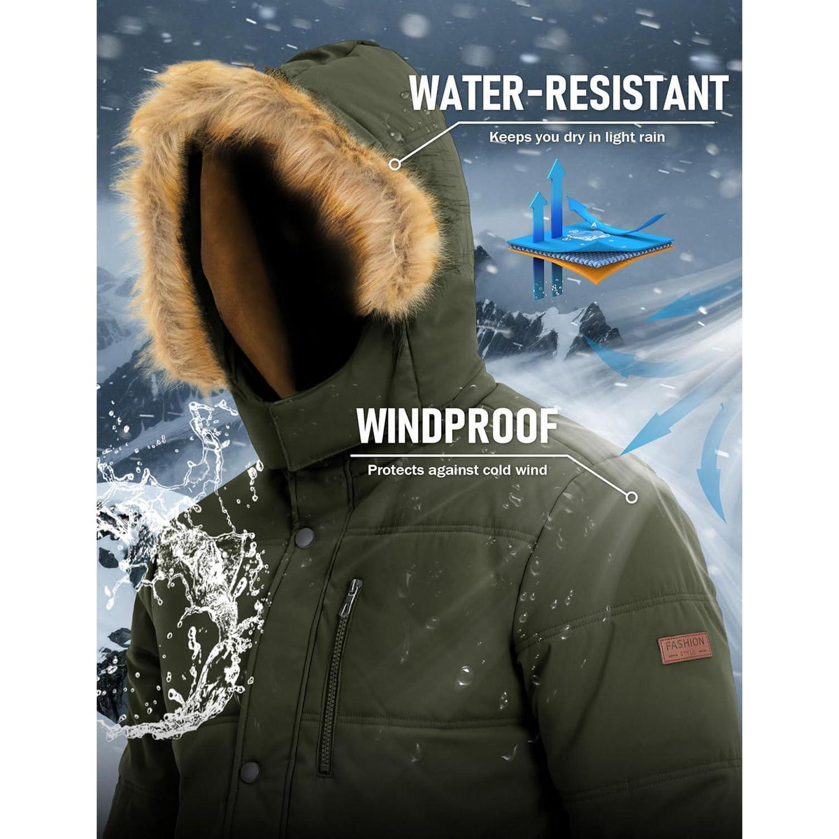 Herren Winter Parka mit abnehmbarer Kapuze, warm gefüttert, wasserabweisend