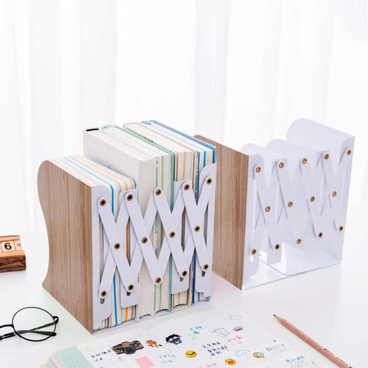 Buchstütze verstellbar Metall Holzimitation Bücherhalter für Regal