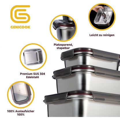 GENICOOK Edelstahl Frischhaltedosen luftdicht stapelbar 3er