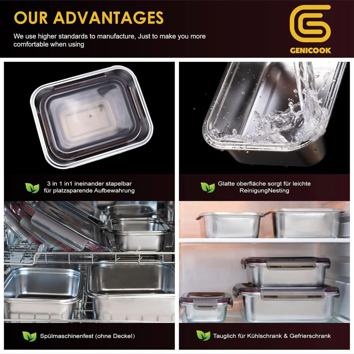 Frischhaltedosen Edelstahl luftdichtem Deckel 3er Meal Prep