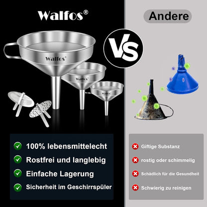 Walfos Edelstahl-Trichter Set 3 Größen mit Siebfilter