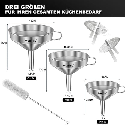 Edelstahl Trichter Set 3er Pack mit Siebfilter und Reinigungsbürste