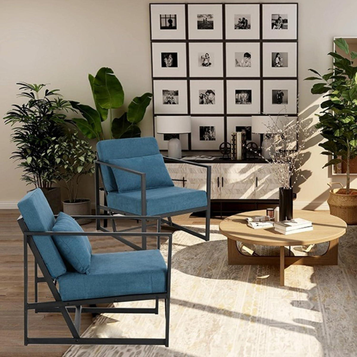 Blauer Leinen Loungesessel 2er Set mit Eisengestell