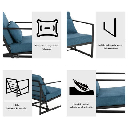 Blauer Leinen Loungesessel 2er Set mit Eisengestell