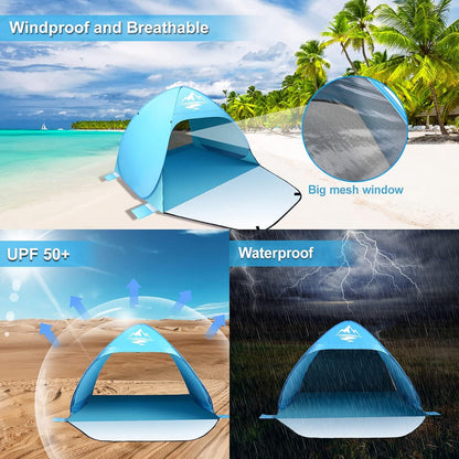 Pop Up Strandmuschel UV-Schutz 50+ für 2-3 Personen, Automatisches Sonnenschutz Zelt, Blau