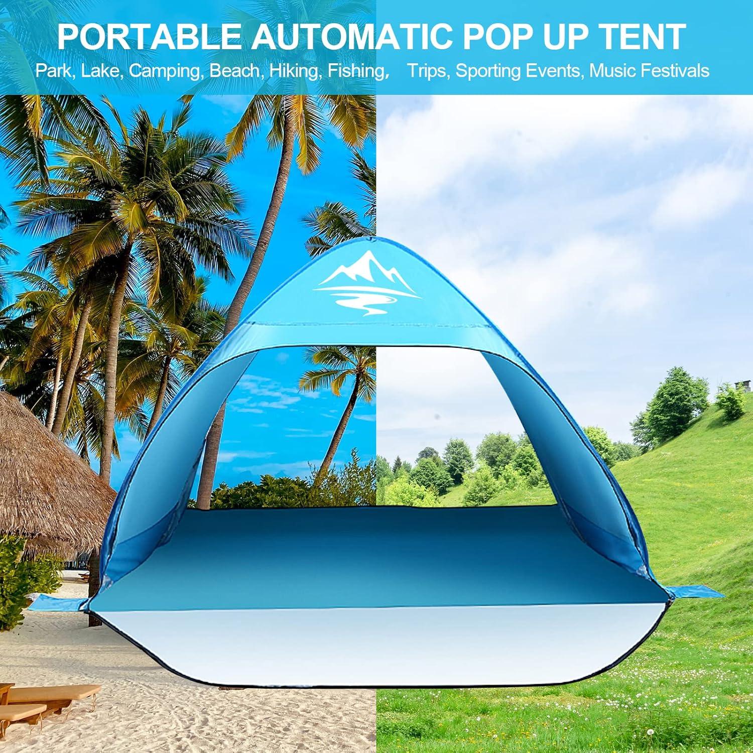 Pop Up Strandmuschel UV-Schutz 50+ für 2-3 Personen, Automatisches Sonnenschutz Zelt, Blau