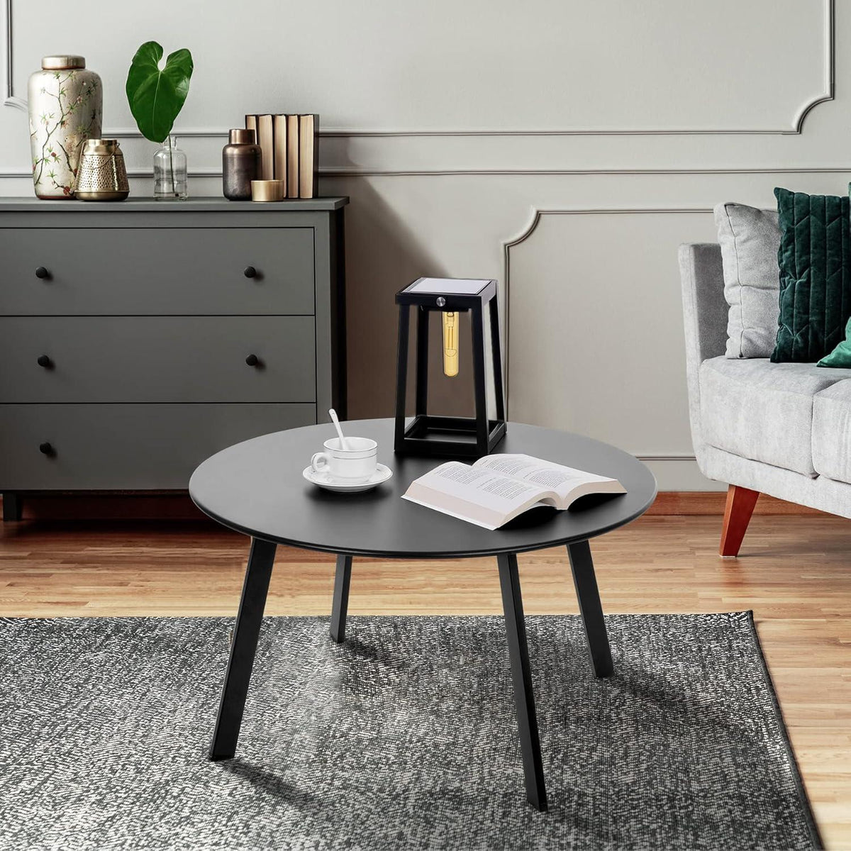 Runder Garten Beistelltisch Metall Schwarz Ø70x40H cm Verstellbare Tischbeine