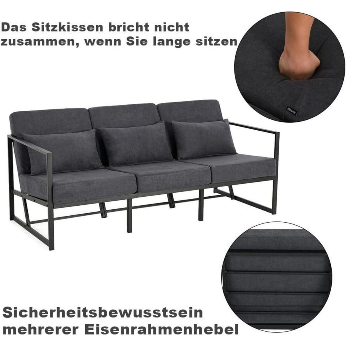 Mingone 3-Sitzer Sofa Dunkelgrau – Bequemes Lounge-Sofa