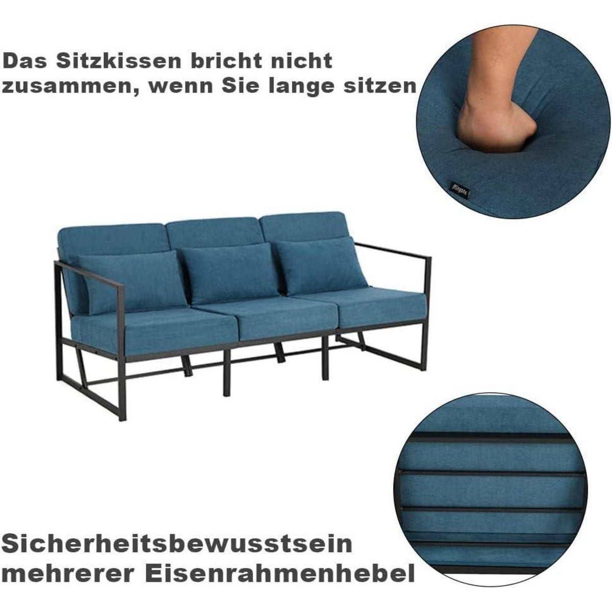 Mingone 3-Sitzer Sofa Blau – Gepolstert & Bequem für Wohnzimmer