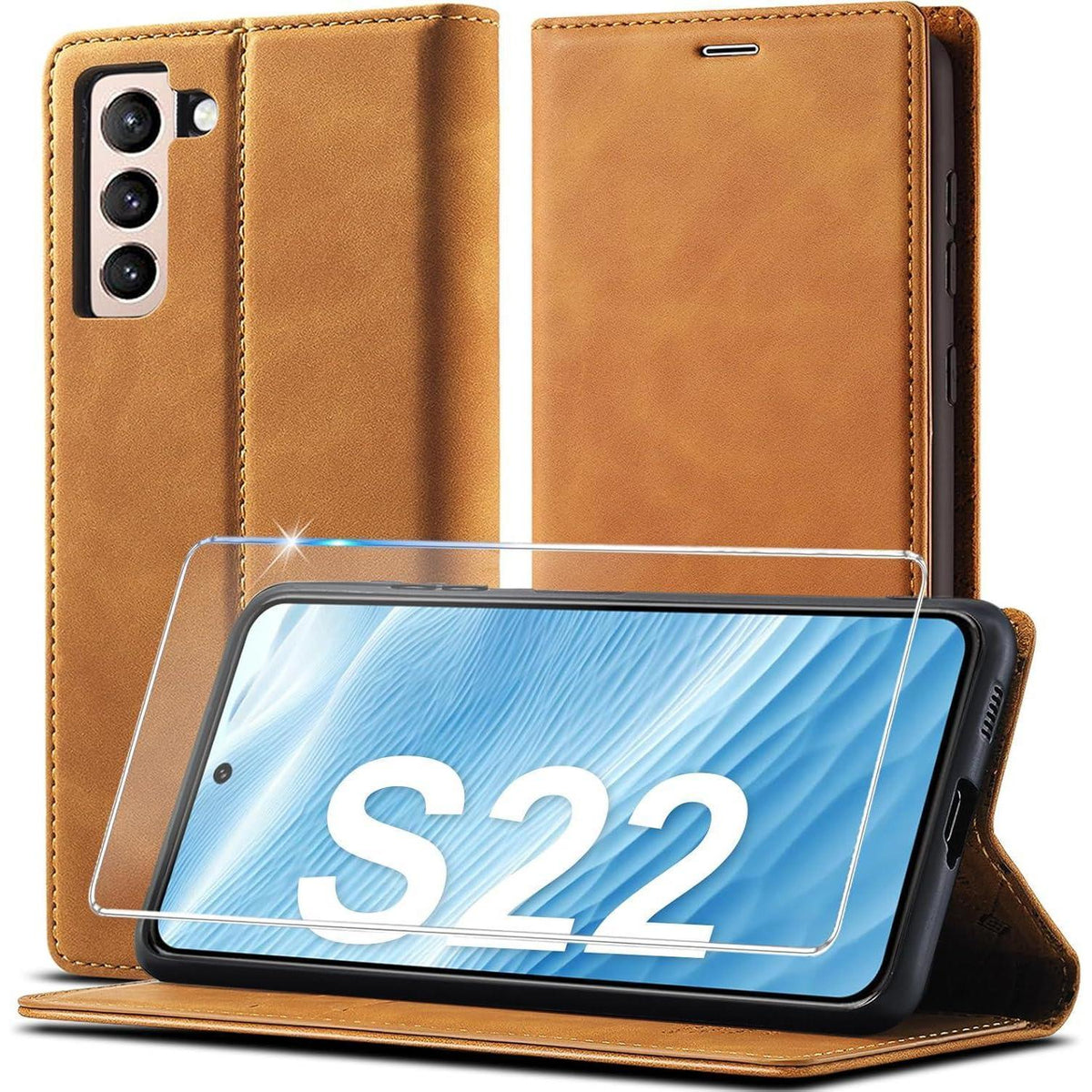 Samsung Galaxy S22 Klapphülle mit Kartenfach & Ständer Braun in Lederoptik