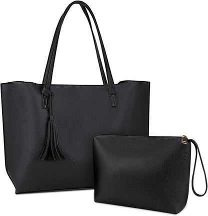 Schwarze Leder Handtasche Damen Shopper Set mit Henkeltasche