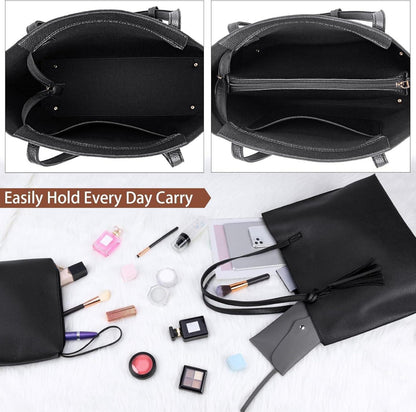 NUBILY Damen Schwarz PU Leder Shopper Henkeltasche 2PCS Set