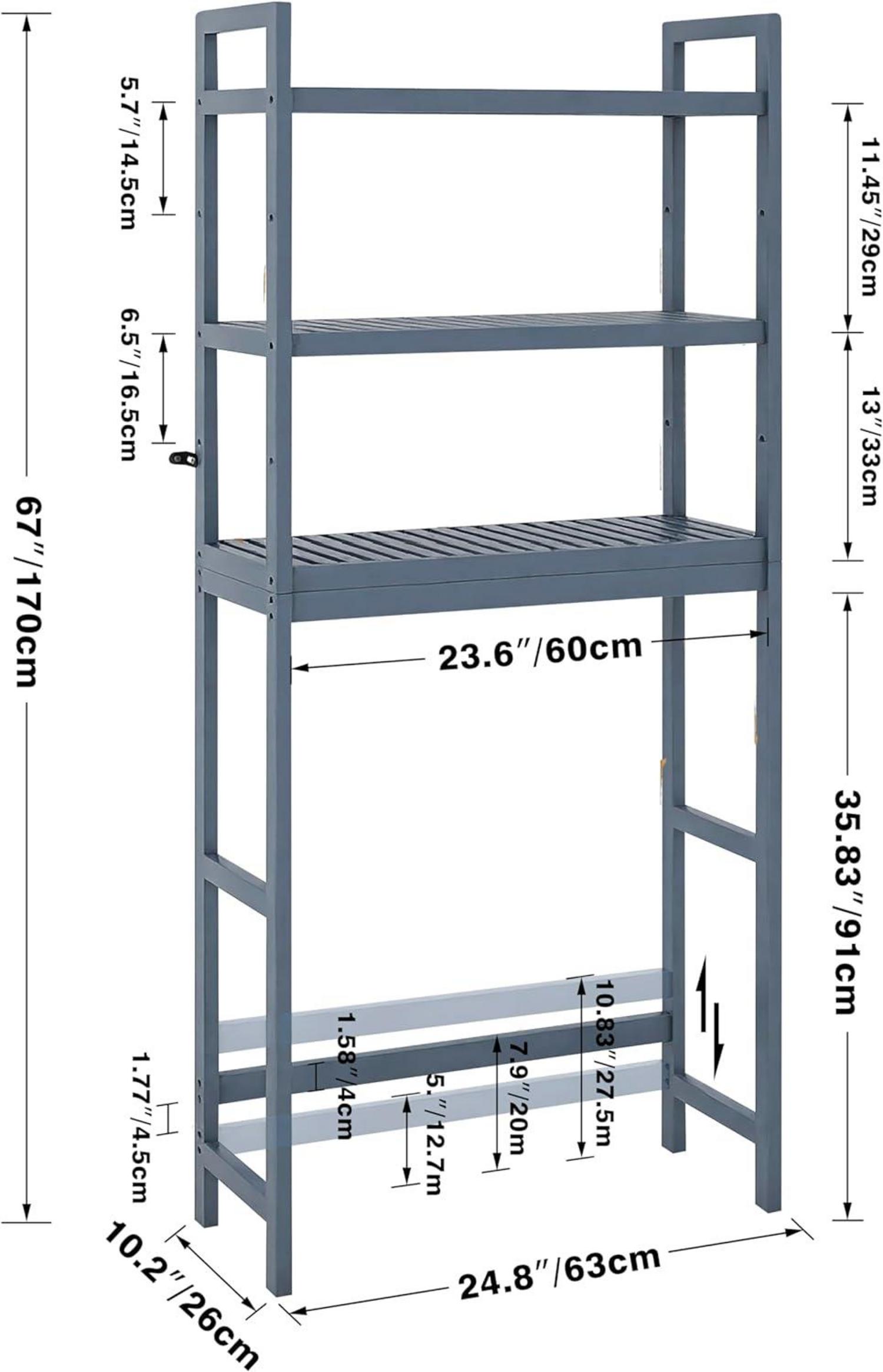 Bambus WC-Regal mit 3-stufigen verstellbaren Regalen 170cm Grau
