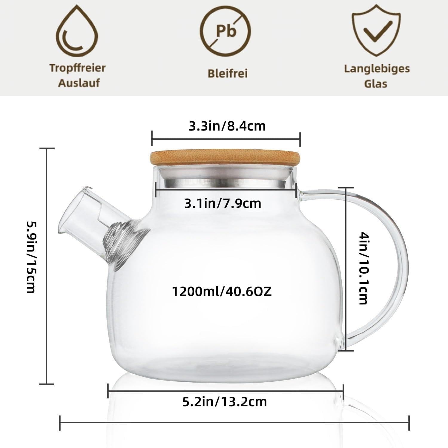 Glasteekanne 1200ML mit Siebeinsatz, herdsicher