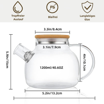 Glasteekanne 1200ML mit Siebeinsatz, herdsicher