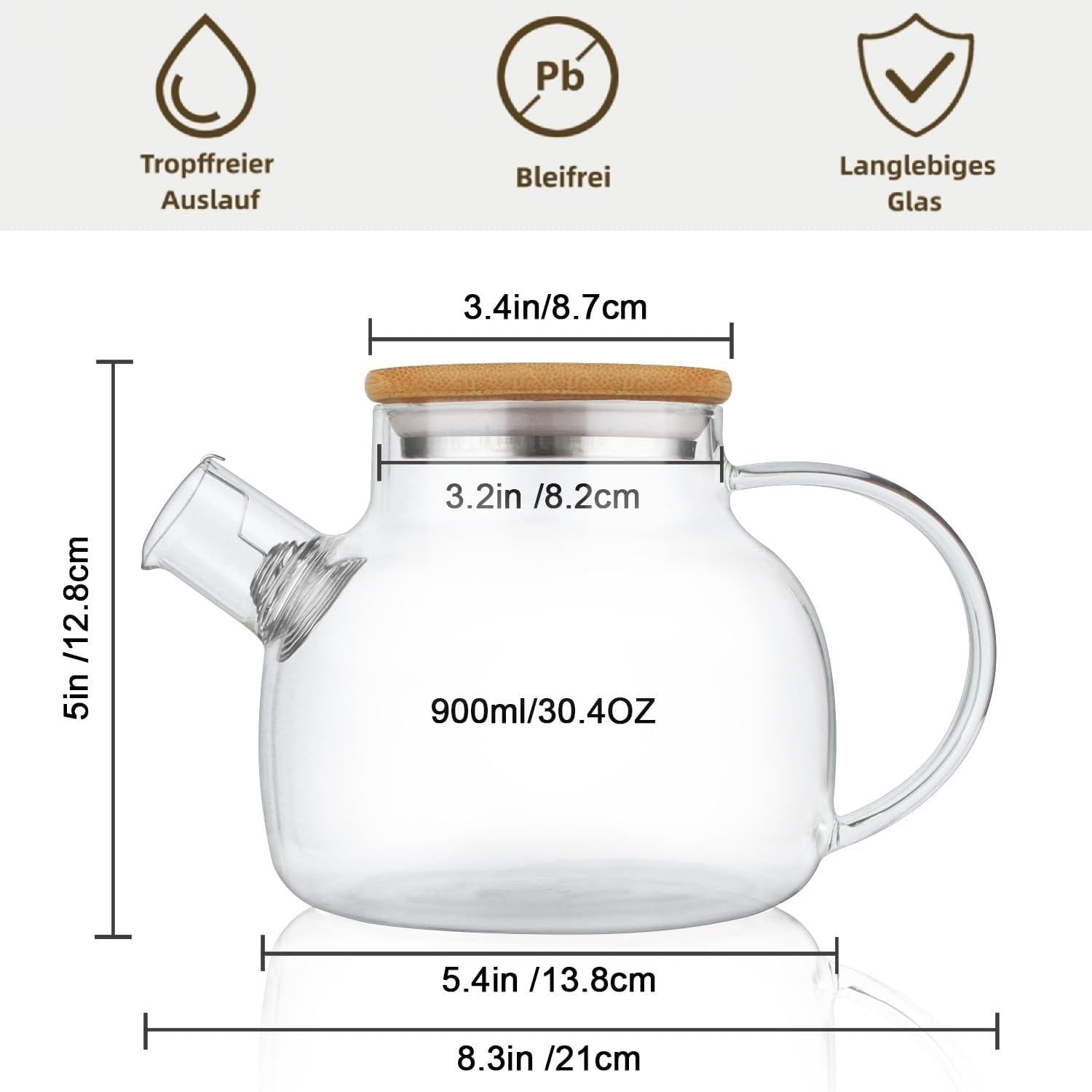 Teekanne Glas mit Siebeinsatz 900ML Herdplattensicher
