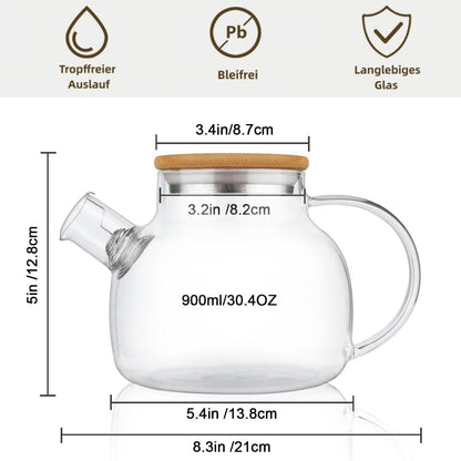 Teekanne Glas mit Siebeinsatz 900ML Herdplattensicher