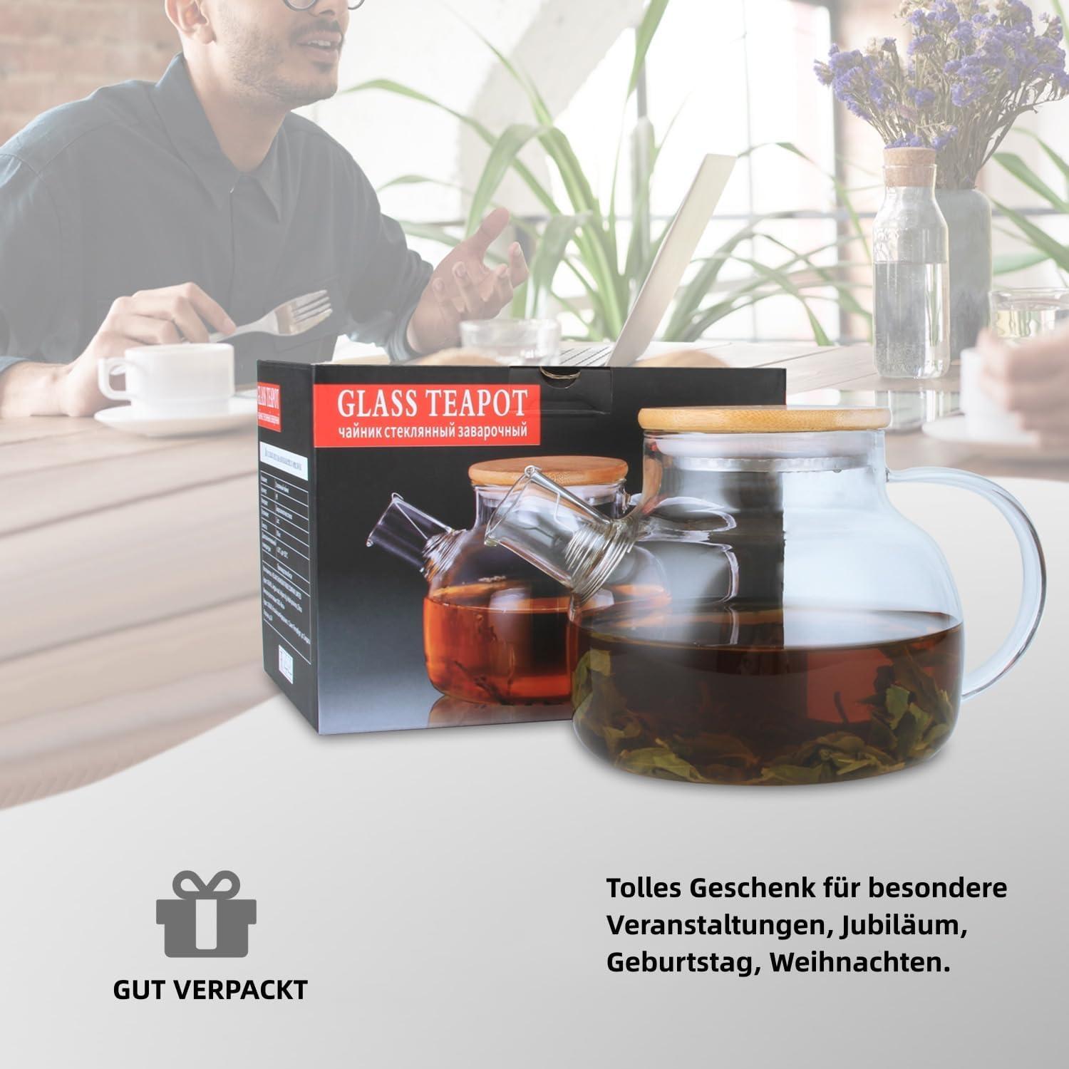 Klare Teekanne Glas 900ML Siebeinsatz, Herd sicher für lose Blätter und